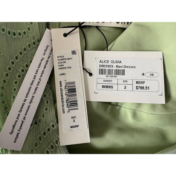 Alice+Olivia Sage Green Ruffle Maxi Dress V Neck Tie Waist Size 2 - Picture 11 of 14